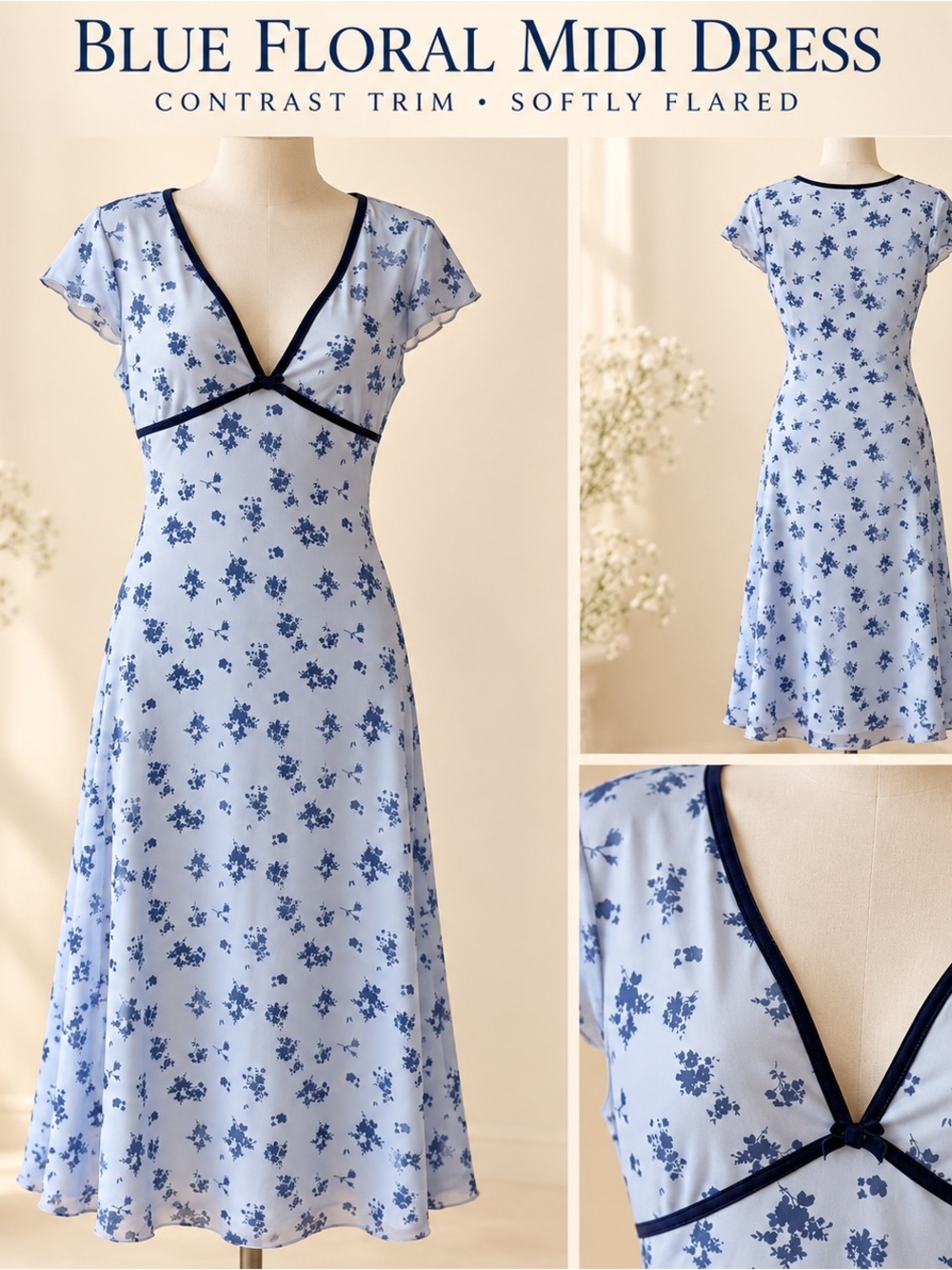 Light Blue Floral V-Neck Midi Dress Navy Contrast Trim Size S